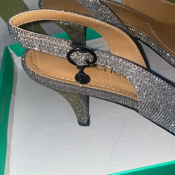 J. Renee Sz 9.5 N Narrow Slingback Peep Toe Metallic Silver Sparkle - Picture 4 of 6